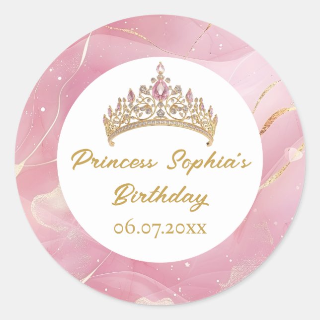 Pink Gold Fairytale Princess Crown Birthday Party  Classic Round Sticker (Front)