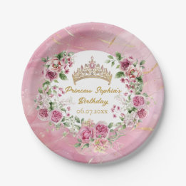Pink Gold Fairytale Princess Crown Birthday Party  Paper Plate