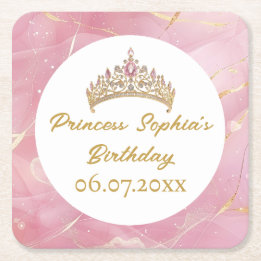 Pink Gold Fairytale Princess Crown Birthday Party  Square Paper Coaster