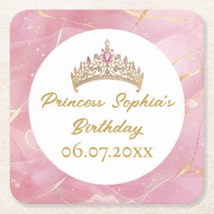 Pink Gold Fairytale Princess Crown Birthday Party  Square Paper Coaster