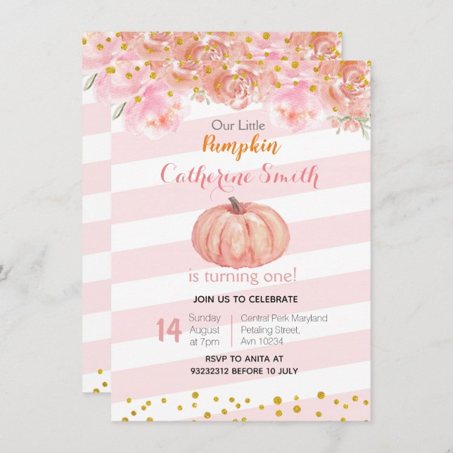 Pink Gold Fall Floral Pumpkin 1st Birthday Invitation (Front/Back)