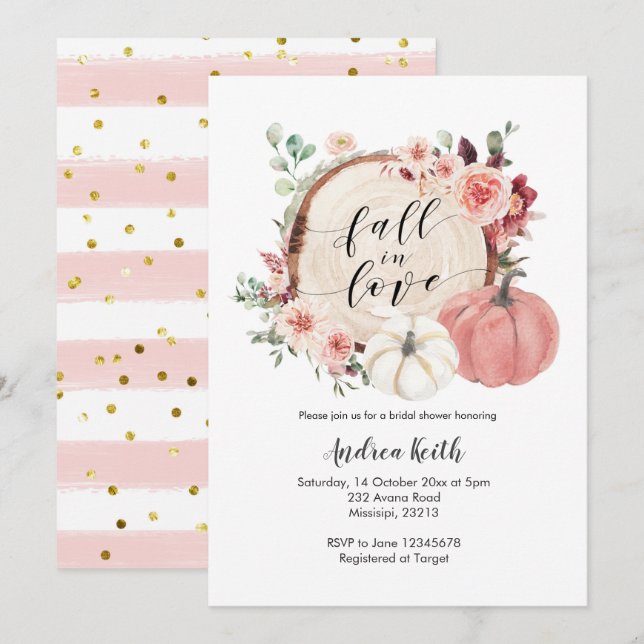 Pink gold fall in love pumpkin bridal shower invit invitation (Front/Back)