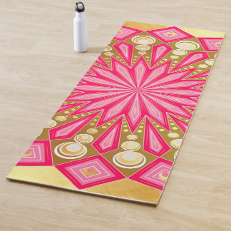 Pink Gold Fantasy Mandala on Soft Gold Background Yoga Mat