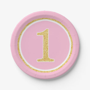 Pink Gold Faux Glitter Circle 1st Birthday Paper Plate