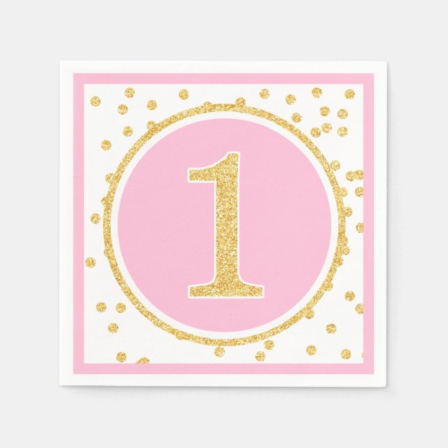Pink Gold Faux Glitter Confetti 1st Birthday Napkin (Front)