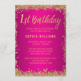 Pink Gold Faux Glitter Girl 1st Birthday Invitation