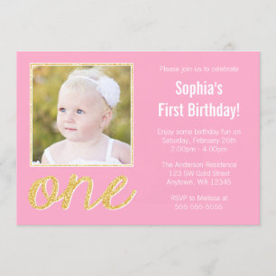 Pink Gold Faux Glitter Photo 1st Birthday Invitation