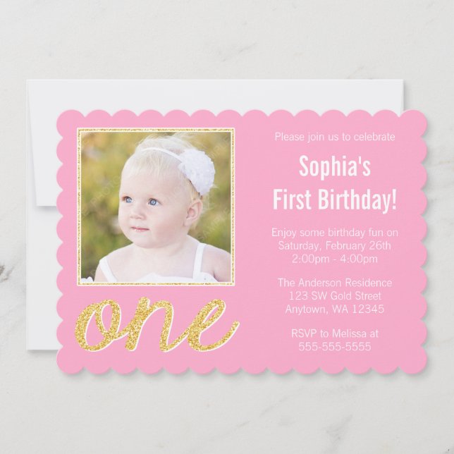 Pink Gold Faux Glitter Photo 1st Birthday Invitation (Front)