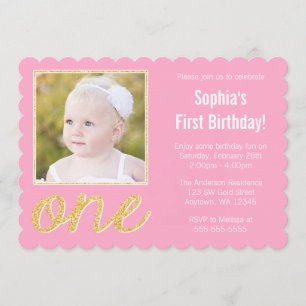 Pink Gold Faux Glitter Photo 1st Birthday Invitation