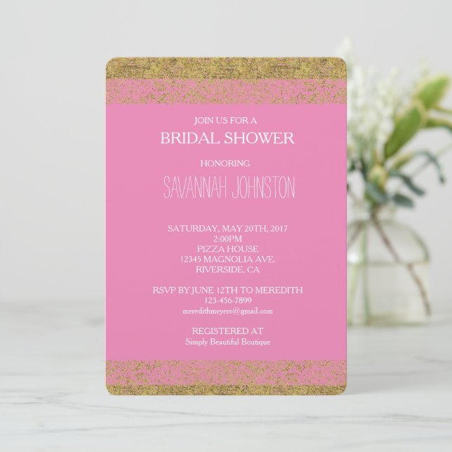 Pink Gold Faux Glitter Stripes bridal shower Invitation (Standing Front)