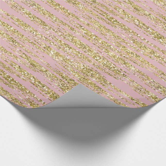 Pink Gold Faux Glitter Stripes Wrapping Paper (Corner)