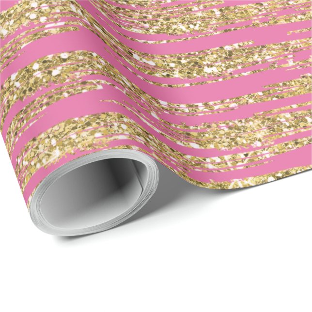 Pink Gold Faux Glitter Stripes   Wrapping Paper (Roll Corner)