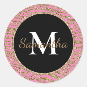 Pink Gold Faux Glitter Zebra Print Classic Round Sticker