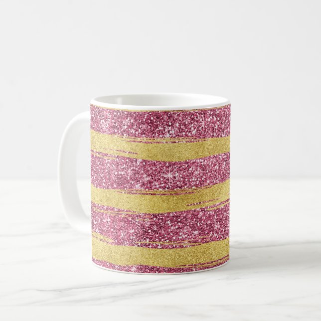 Pink Gold Faux Glittery Stripes Coffee Mug (Front Left)