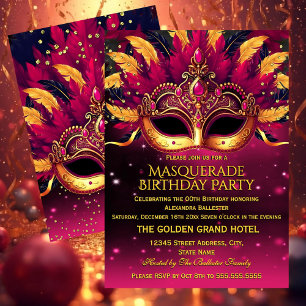 Pink Gold Feathers Masks Masquerade Birthday Party Invitation