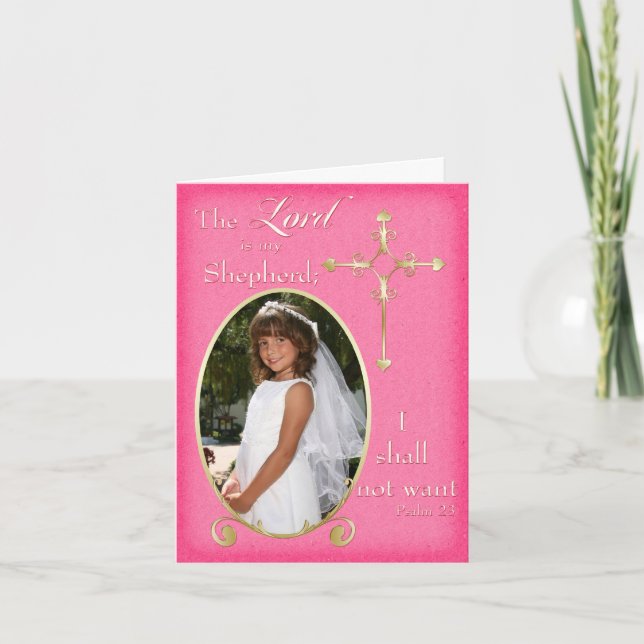 Pink Gold First Communion Photo Thank You Card (Front)