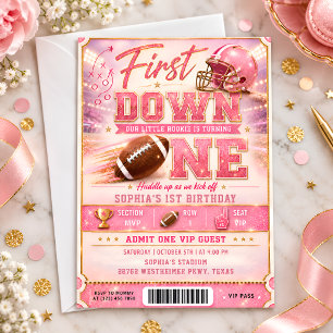 Pink Gold First Down Football 1st Birthday Ticket Invitation