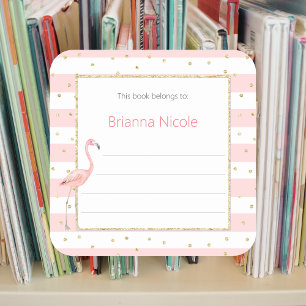 Pink Gold Flamingo Confetti Bookplate Sticker