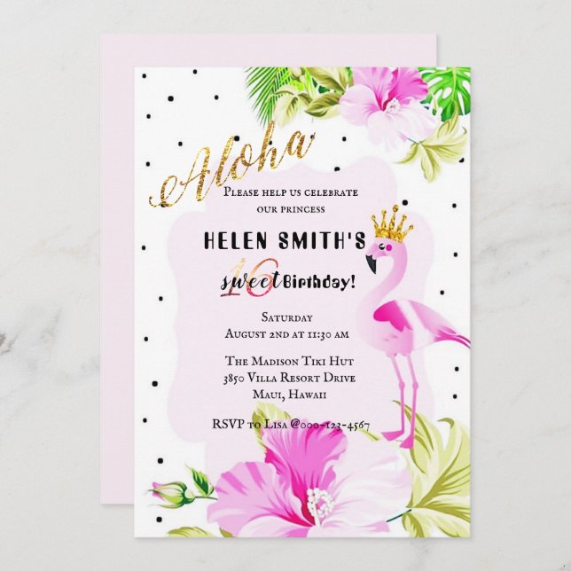 Pink Gold Flamingo Princess Aloha Sweet 16 Invitation (Front/Back)