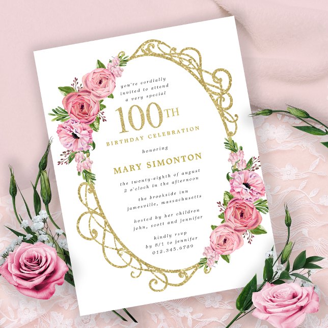 Pink Gold Floral 100th Birthday Party Invitation Postcard (Creator Uploaded)