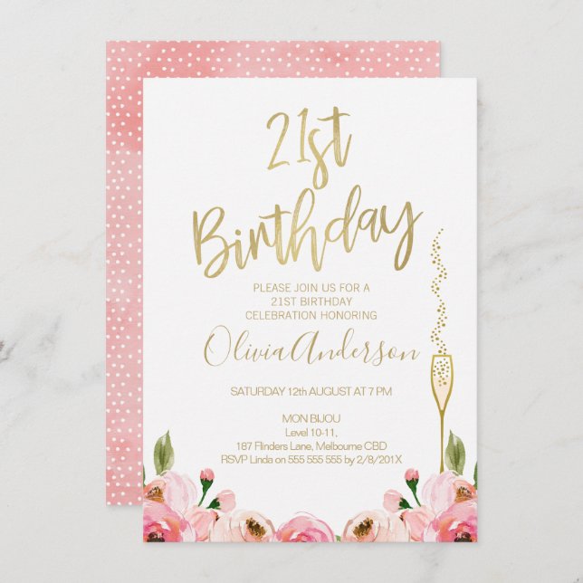 Pink Gold Floral 21st birthday invitation (Front/Back)