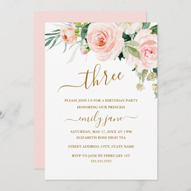 Pink Gold Floral 3rd Birthday Party Invitation (Front/Back)