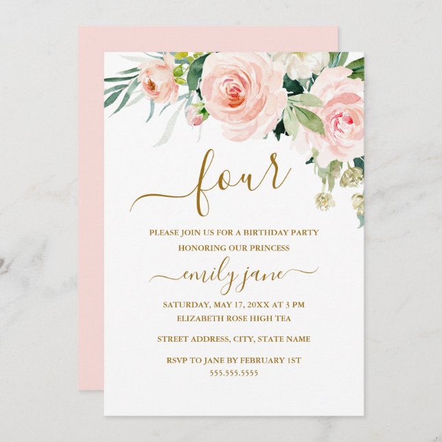 Pink Gold Floral 4th Birthday Party Invitation (Front/Back)