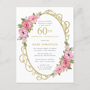 Pink Gold Floral 60th Invitation Postcard