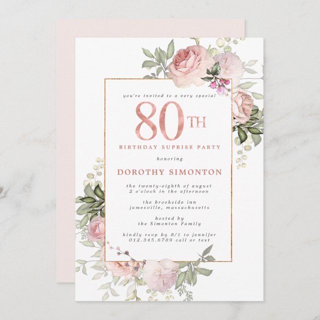 Pink Gold Floral 80th Birthday Surprise Party Invitation (Front/Back)