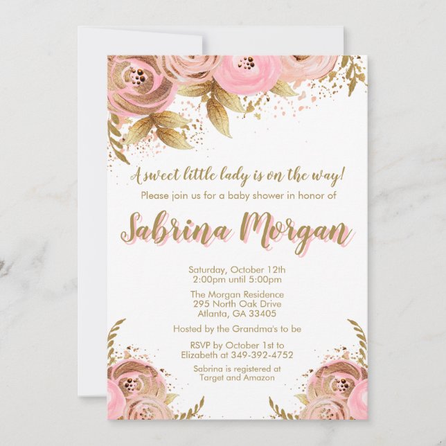 Pink Gold Floral Baby Shower invitation Blush Gold (Front)