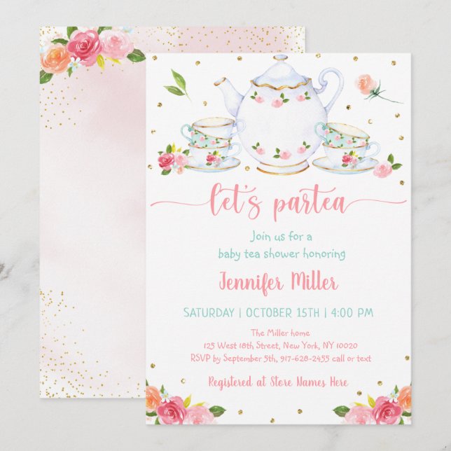 Pink Gold Floral Baby Shower Tea Party Invitation (Front/Back)