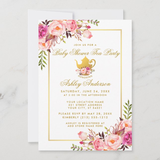 Pink Gold Floral Baby Shower Tea Party Invite (Front)