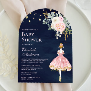 Pink Gold Floral Ballerina Arch Navy Baby Shower Invitation