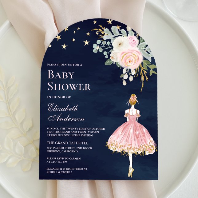 Pink Gold Floral Ballerina Arch Navy Baby Shower Invitation (Creator Uploaded)