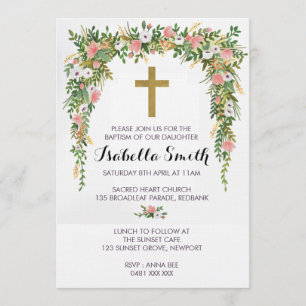 Pink Gold floral Baptism / Christening Invitation