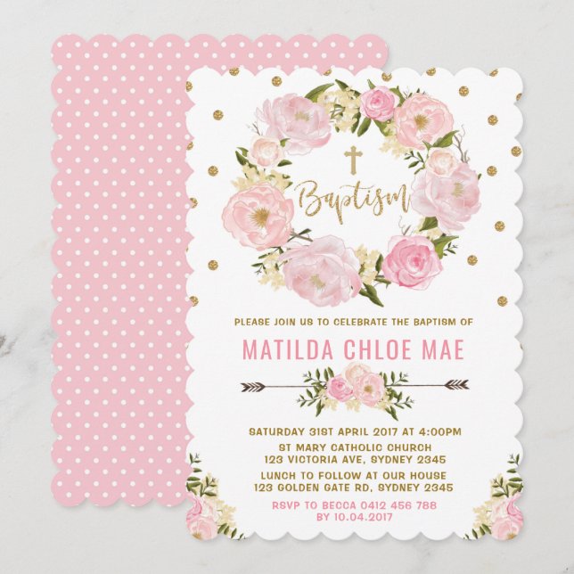 Pink Gold Floral Baptism Christening Invitation (Front/Back)