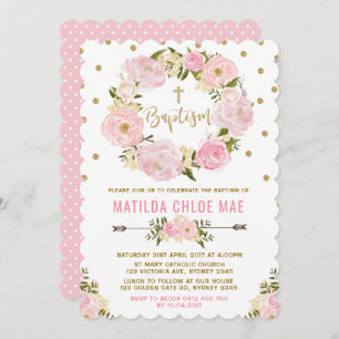 Pink Gold Floral Baptism Christening Invitation