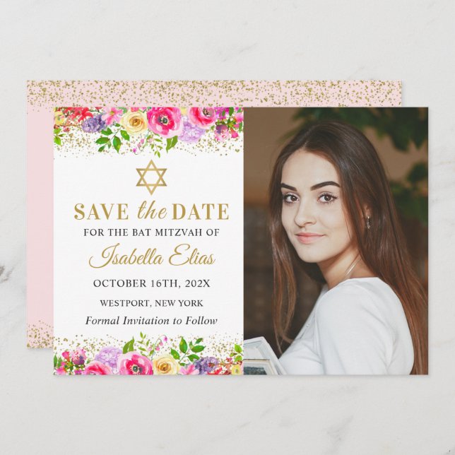 Pink Gold Floral Bat Mitzvah Photo Save The Date (Front/Back)