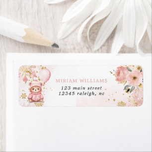 Pink Gold Floral Bear Baby Shower Return Address Label