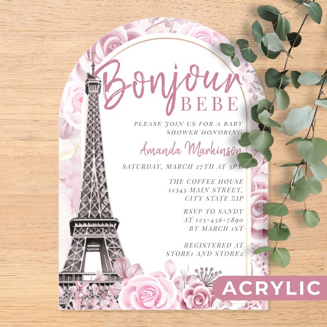 Pink Gold Floral Bonjour Bebe Baby Shower Acrylic Invitations (Creator Uploaded)