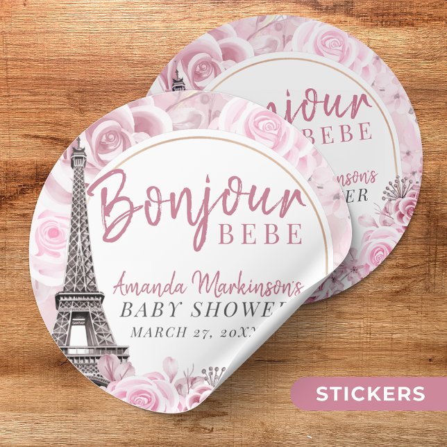 Pink Gold Floral Bonjour Bebe Baby Shower Classic Round Sticker (Creator Uploaded)