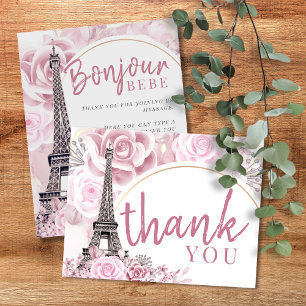 Pink Gold Floral Bonjour Bebe Baby Shower Flat Thank You Card