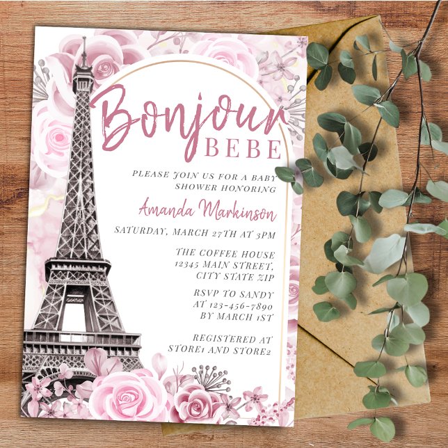 Pink Gold Floral Bonjour Bebe Baby Shower Invitation (Creator Uploaded)