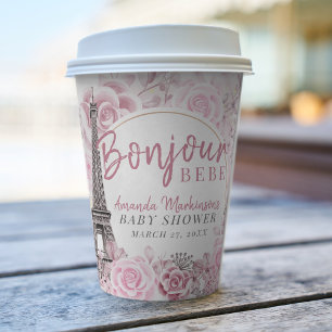Pink Gold Floral Bonjour Bebe Baby Shower Paper Cups