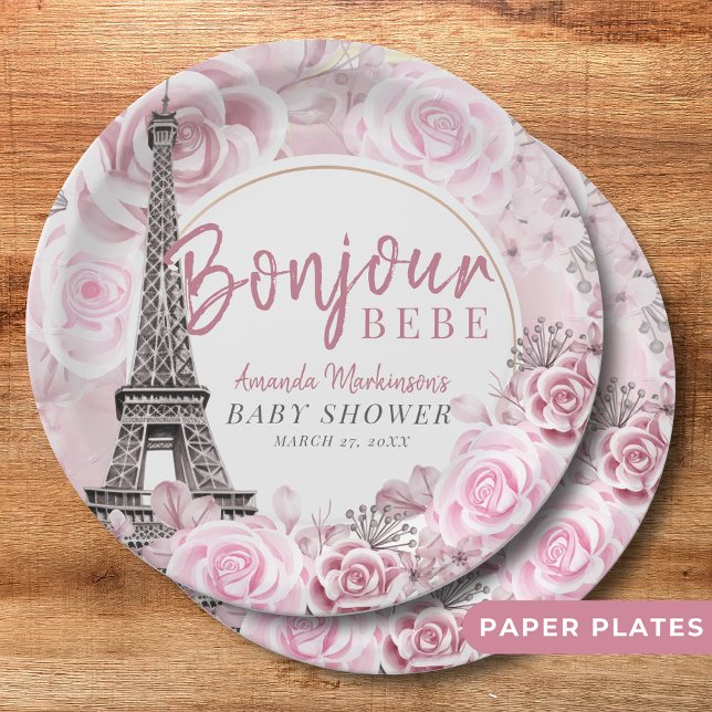 Pink Gold Floral Bonjour Bebe Baby Shower Paper Plate (Creator Uploaded)