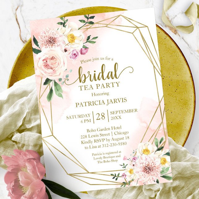 Pink Gold Floral Bridal Shower Tea Party Invitation (Creator Uploaded)
