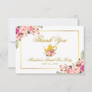 Pink Gold Floral Bridal Shower Tea Party Thanks Invitation