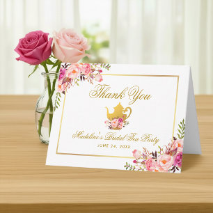 Pink Gold Floral Bridal Tea Party Thanks Note Thank You Card