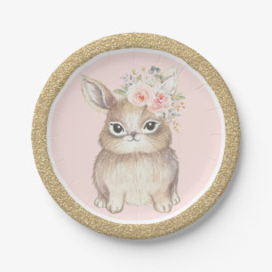 Pink Gold Floral Bunny Rabbit Baby Shower Birthday Paper Plate