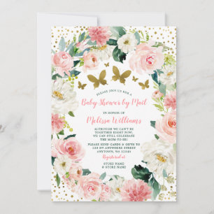Pink Gold Floral Butterfly Baby Shower By Mail Invitation